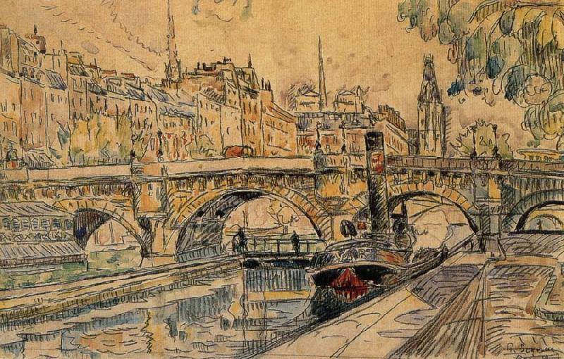 Paul Signac Bridge tug oil painting picture